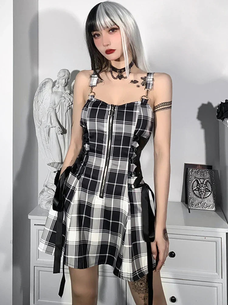 Kariertes Bandage Vintage Punk Ästhetischer Reißverschluss A-Linie Harajuku Mode Ärmelloses Y2K Kleid