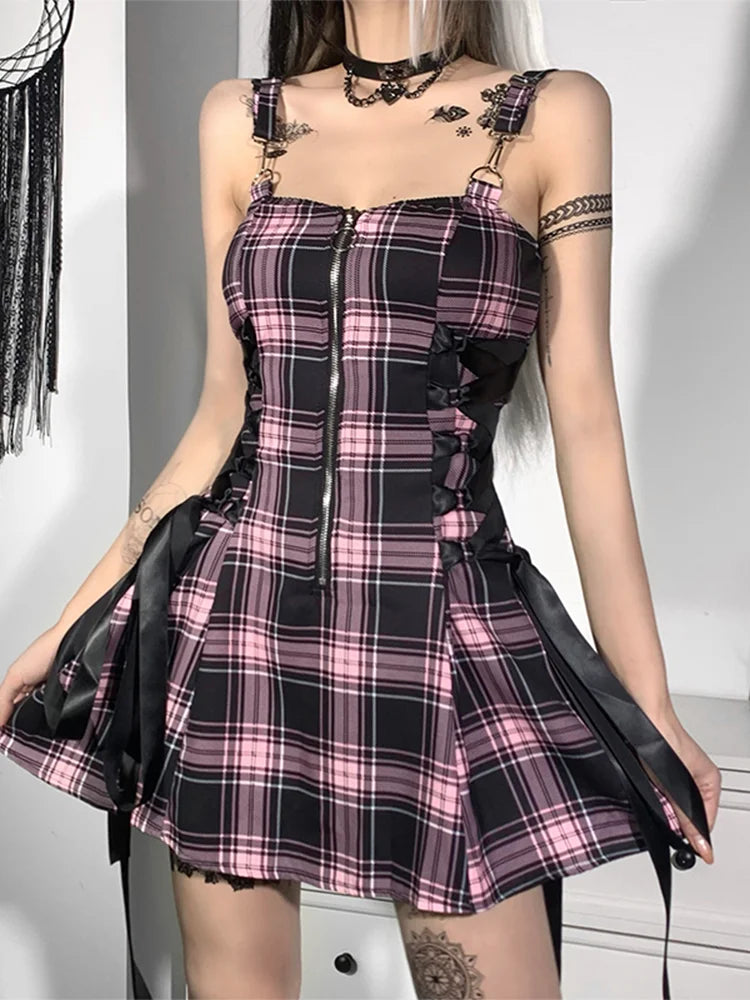 Kariertes Bandage Vintage Punk Ästhetischer Reißverschluss A-Linie Harajuku Mode Ärmelloses Y2K Kleid