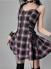 Kariertes Bandage Vintage Punk Ästhetischer Reißverschluss A-Linie Harajuku Mode Ärmelloses Y2K Kleid
