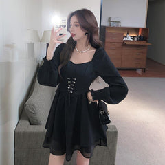 detective vs suspect dress to impress Autumn New 2025 Retro Waist Slimming Korean Casual off-Neck Ruffled Dress