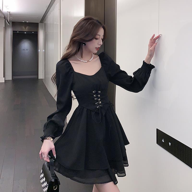 detective vs suspect dress to impress Autumn New 2025 Retro Waist Slimming Korean Casual off-Neck Ruffled Dress