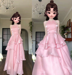 dress to impress codeshomecoming dress Streamer Pink Halter Dress Elegant Ruffled Fairy Dress Birthday Backless Dress