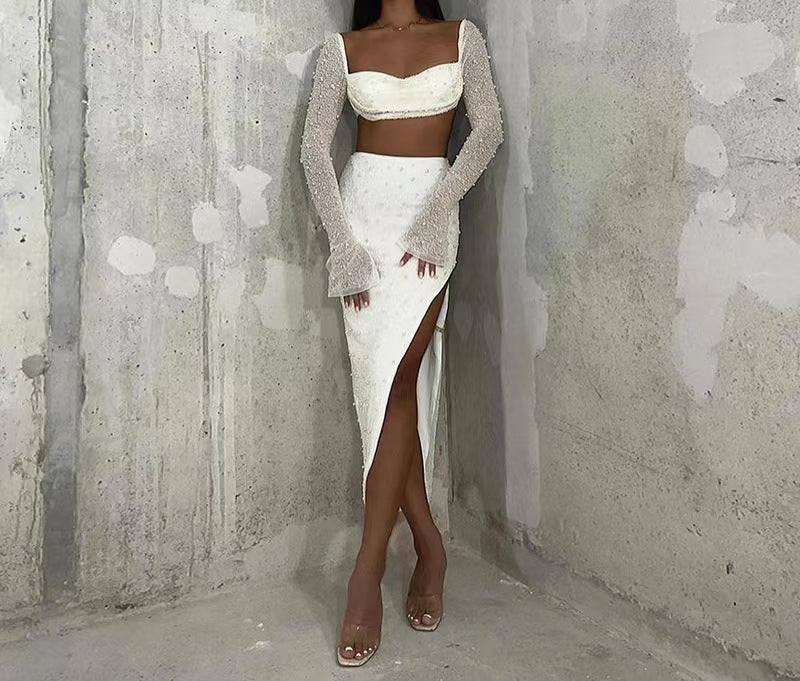 Geburtstagsoutfit Fy396 Gestrickter, perlenbesetzter, quadratischer Kragen, langärmeliger Oberteilrock, Frühlings-Damen-Sexy-Nabelrock für Damen