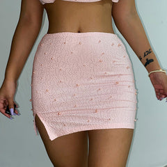 Geburtstagsoutfit Fy396 Gestrickter, perlenbesetzter, quadratischer Kragen, langärmeliger Oberteilrock, Frühlings-Damen-Sexy-Nabelrock für Damen