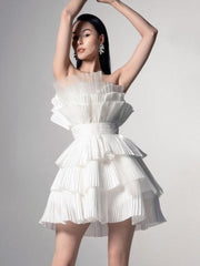 Kleid Vietnam Designer Dreidimensionales Plissee-Fächer-Netz-Kuchenrock-Party-Taille-Tube-Top-Kleid 30008