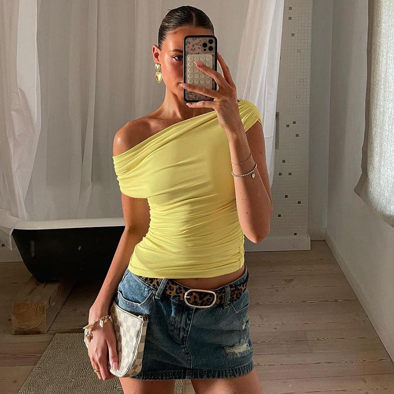 simple solid color oblique collar pleated tight  top