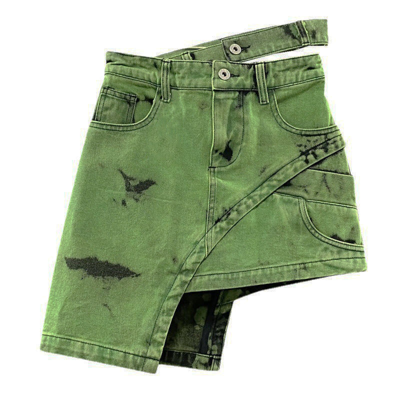 Lookbook-Outfits Sommer Beliebtes Nischendesign Denim Halblanger asymmetrischer verwaschener grüner Jeansrock Sommer-Jeansrock
