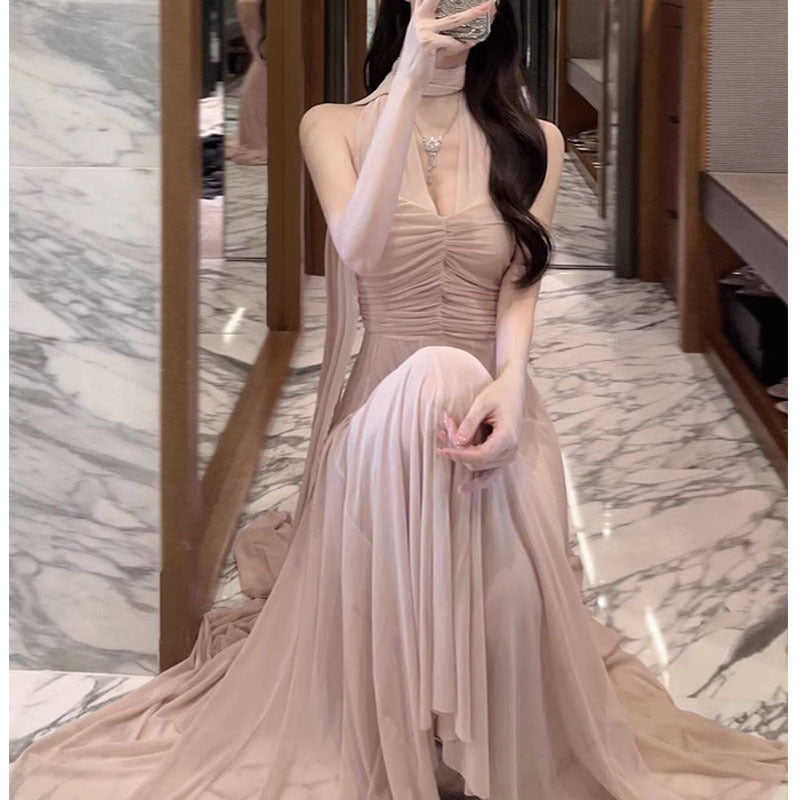 Outfit Es ist ein Feenkleid, Rosa 4 M Netzkleid mit geringer Sättigung, schlankmachendes Temperamentbandkleid für Frauen, Sommer 2025