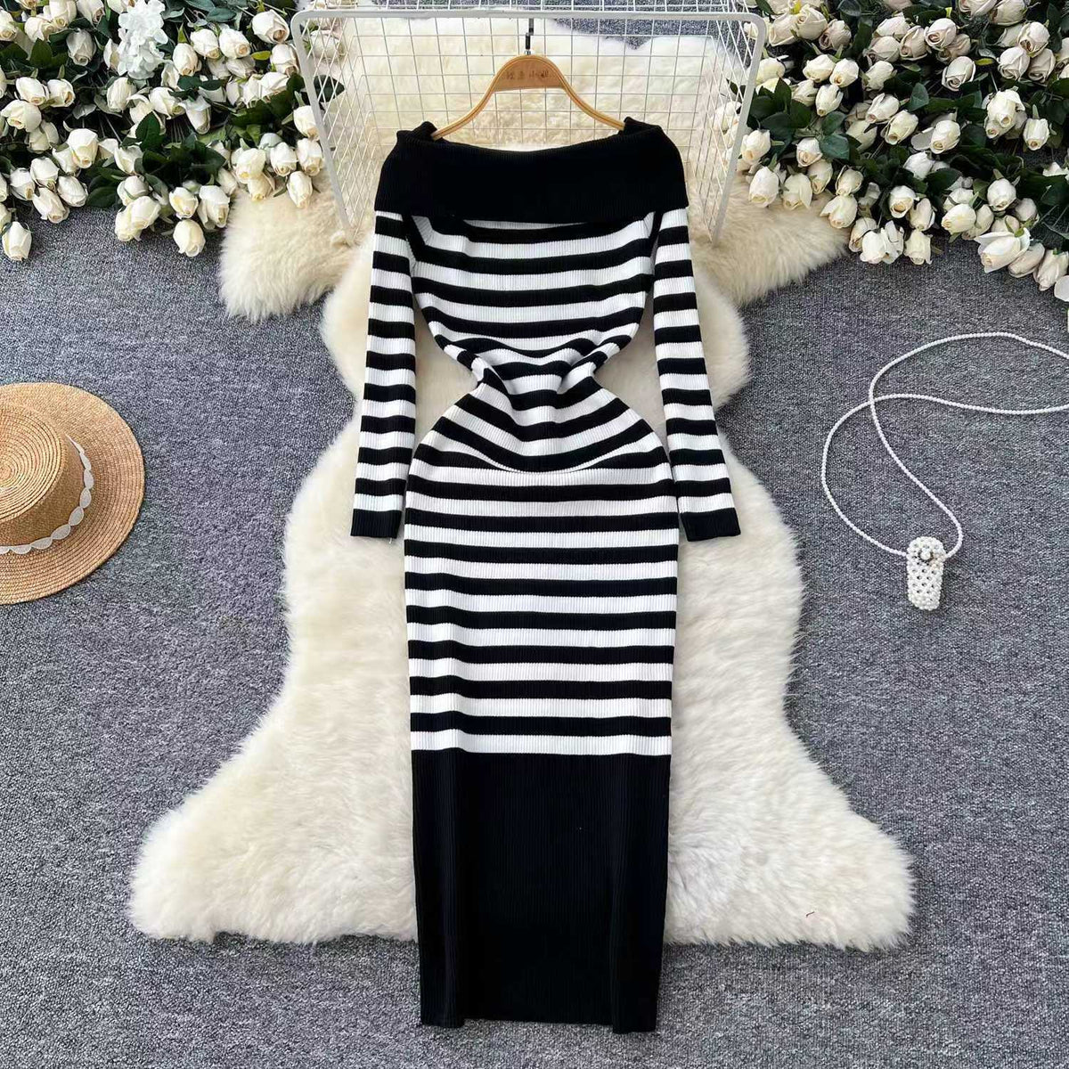 long sweater dress outfit 2025 Autumn and Winter Korean Style Women's off-Shoulder Long Sleeve Striped Sweater Knitted Dress Slim Slimming Dress 6979