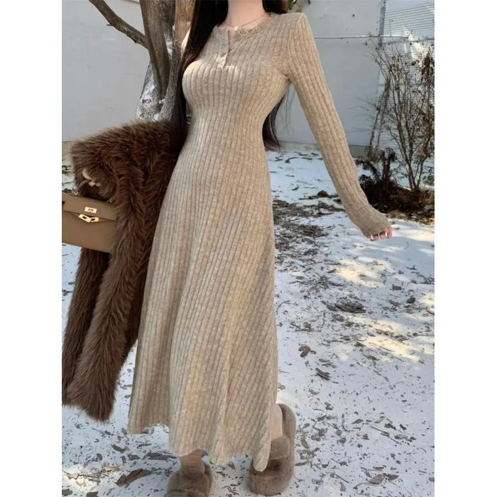 Outfit-Inspo Schneeflocken-Baumwoll-Streifen Herbst und Winter Neue Taille Schlankheitsrock Französisches Strick-A-Linien-Kleid für Damen