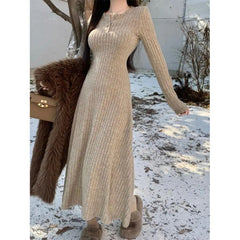 Outfit-Inspo Schneeflocken-Baumwoll-Streifen Herbst und Winter Neue Taille Schlankheitsrock Französisches Strick-A-Linien-Kleid für Damen