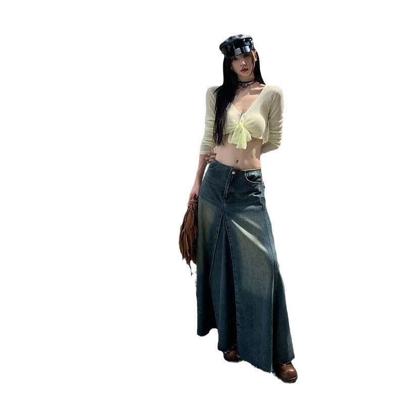 Rock-Outfits Retro-blauer Jeansrock mit hoher Taille und geteiltem Schnitt für Damen im Frühling und Herbst, schmaler, mittellanger A-Linien-Rock, Trend