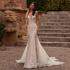 Kleid zum Beeindrucken, göttliches Wesen, hochwertiges, leichtes, luxuriöses, hohles Spitzenkleid, sexy, dünne Träger, Meerjungfrau, nachlaufendes, leichtes Brautkleid