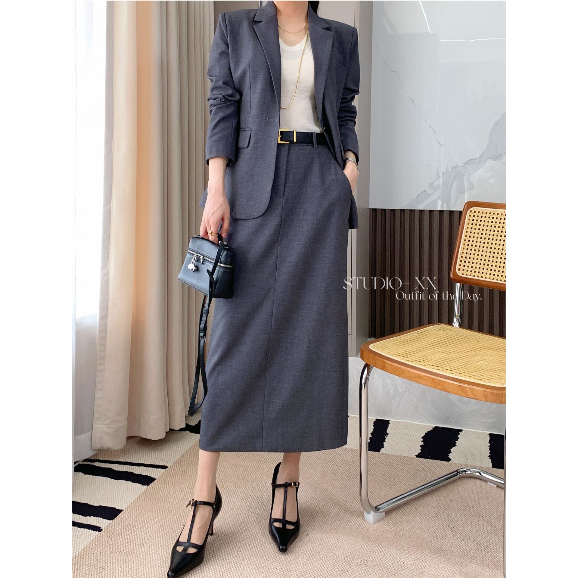 Business-Outfit für Damen Th Home Leichter Luxus! Dreidimensional geschnittene Wollmischung Slim Fit Schlankmachender Anzug mit einem Knopf Jacke Rock Anzug Damen