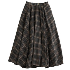 90s fashion Spring New Retro Plaid High Waist Elegant Loose Slimming Large Swing A- line Midi Skirt