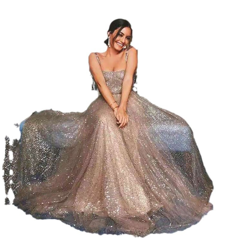 Kleid zum Beeindrucken von Codes 2025 Sommer Neue Damen Sexy Sling-Kleid Ärmelloses Mesh Gold Brautkleid Großer Swing-Rock