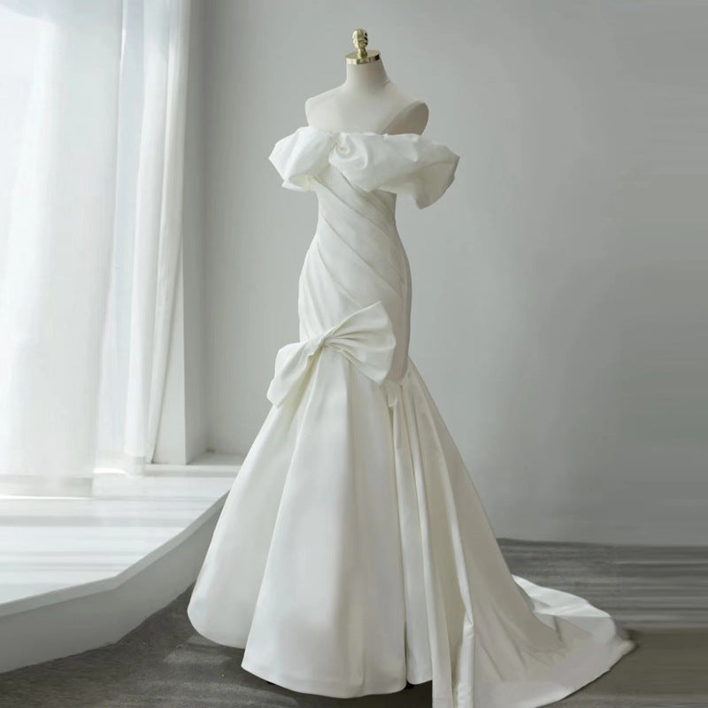 dress to impress divine being off-Shoulder Satin Fishtail Light Wedding Dress Bride French Simple Temperament out Yarn Tail Super Fairy Welcome Dress