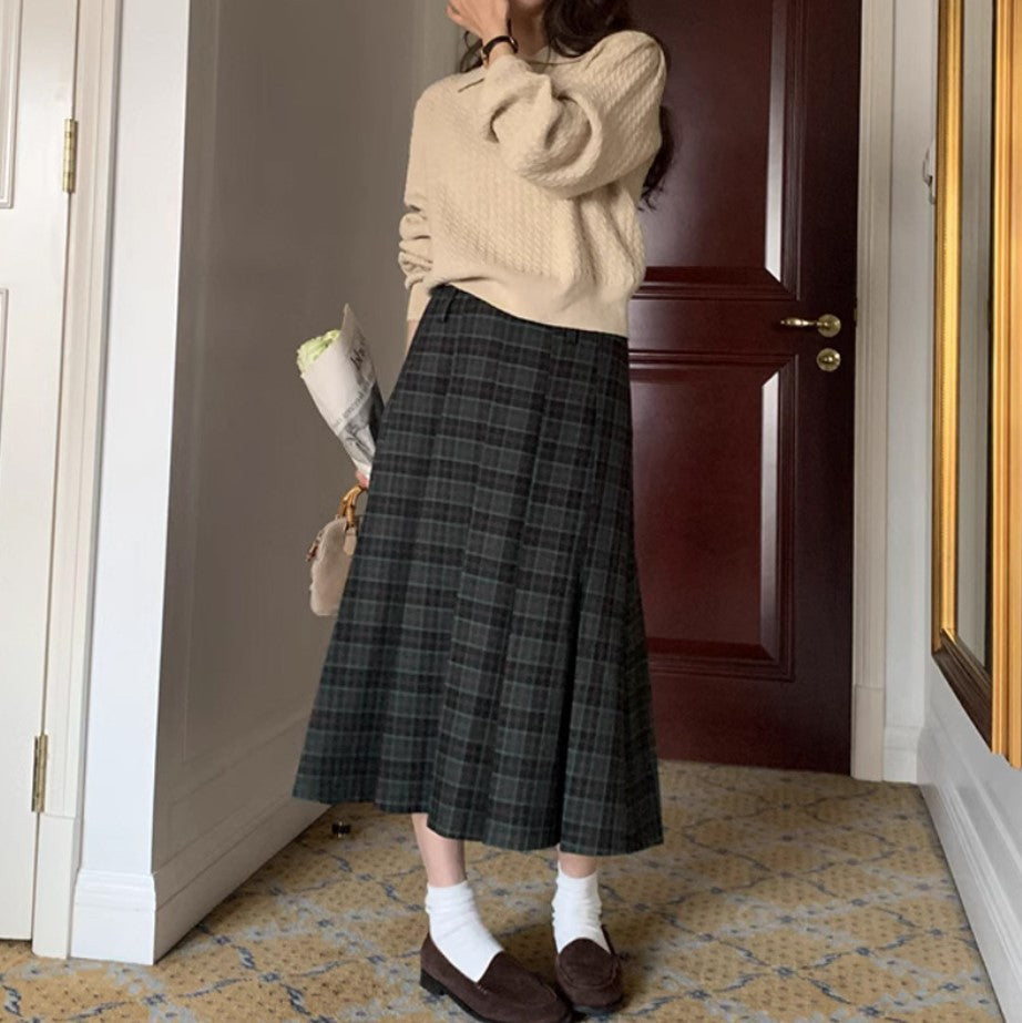 90s fashion Internet Celebrity Homemade Retro Plaid Pleated Skirt Women's Spring and Autumn New Preppy Style High Waist Slimming A- line Skirt