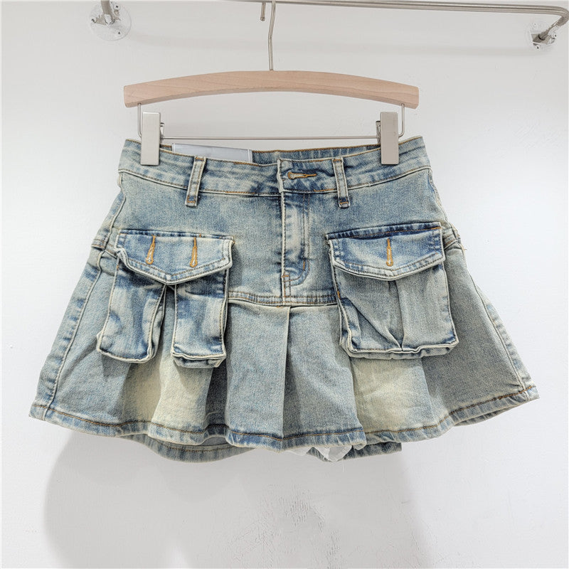 Entdecken Sie Stilideen, altersreduzierender Jeans-Kleinrock mit Taschen, kleiner Hot-Girl-Faltenrock für Damen, Retro-A-Linien-Rock mit hoher Taille und Anti-Exposure