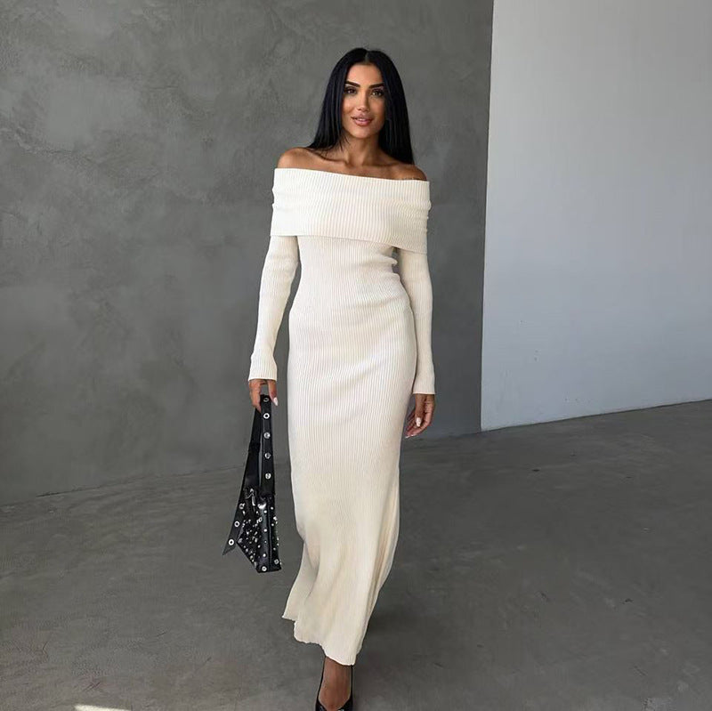 long sweater dress outfit 2025 Autumn and Winter Elegant Slim-Fit Sheath Slimming off-Shoulder Collarbone Black and White Stripe Knitted Dress 82
