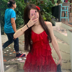 dress to impress codes Pure Desire Style Red White Sling Dress Women's 2025 Summer New Design Sense Waist Slimming Cake Skirt