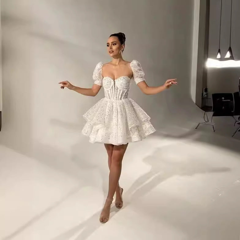 homecoming dresses New White Sequined Lace Mori Short Bridal Wedding Dress Birthday Party Annual Meeting Performance Dress