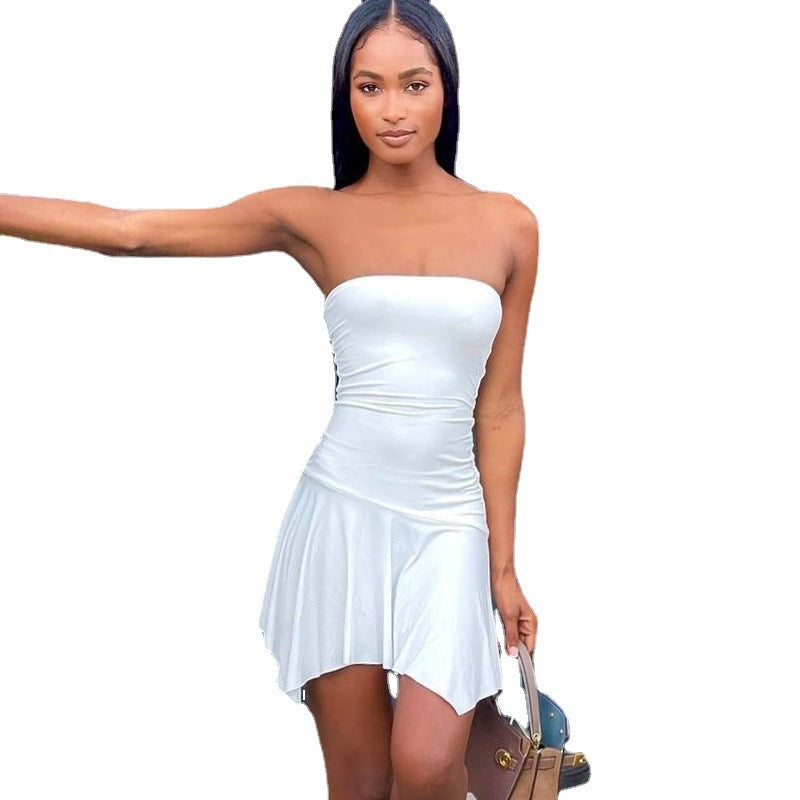 Geburtstagsoutfit J23ds058 Damenbekleidung Sommer Heiße einfarbige sexy Tube Top Rüschenkleid