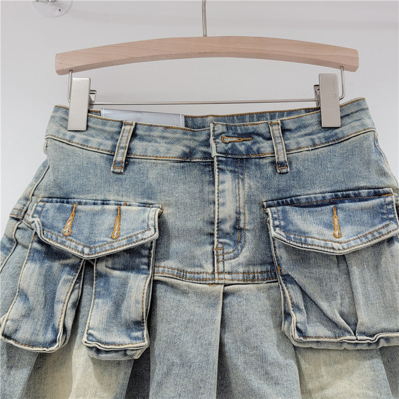 Entdecken Sie Stilideen, altersreduzierender Jeans-Kleinrock mit Taschen, kleiner Hot-Girl-Faltenrock für Damen, Retro-A-Linien-Rock mit hoher Taille und Anti-Exposure