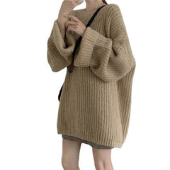 long sweater dress outfit Soft Glutinous Lazy Style Sweater Pullover Autumn 2025 Solid Color round Neck Retro Hong Kong Style Sweater Women's Coat