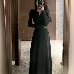 Outfit-Inspo Schneeflocken-Baumwoll-Streifen Herbst und Winter Neue Taille Schlankheitsrock Französisches Strick-A-Linien-Kleid für Damen