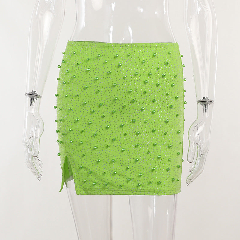 Geburtstagsoutfit Fy396 Gestrickter, perlenbesetzter, quadratischer Kragen, langärmeliger Oberteilrock, Frühlings-Damen-Sexy-Nabelrock für Damen