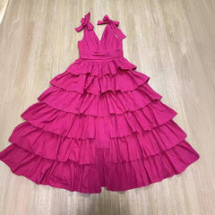 dress to impress codes Rose Red Cake Dress 2025 Summer Evening Party Sexy Deep V Lace-up Vest Large Swing Dress Long Dress for Women
