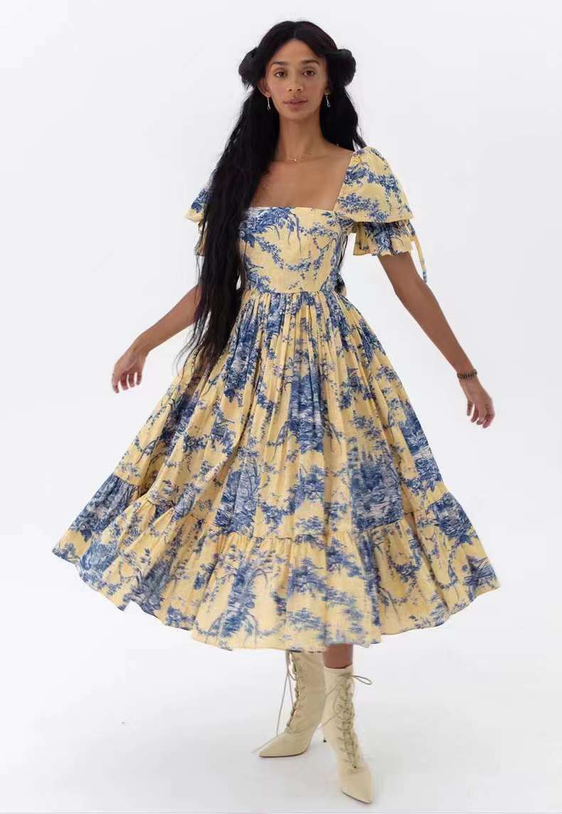 dress to impress 2025 Summer New Square Collar Puff Sleeve Pleated Lace-up Waist Long Printed Dress