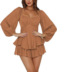 Western-Outfits Damen Urban Fashion Rüschen-Jumpsuit Damen Sommer Laterne Langarm Quadratischer Kragen Enge Taille Elegant Modisch Casual Hosenrock
