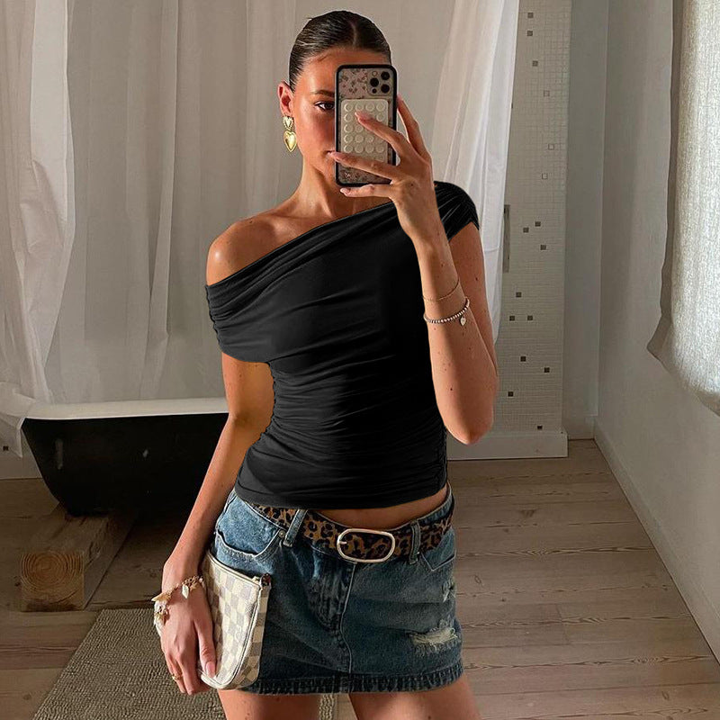 simple solid color oblique collar pleated tight  top