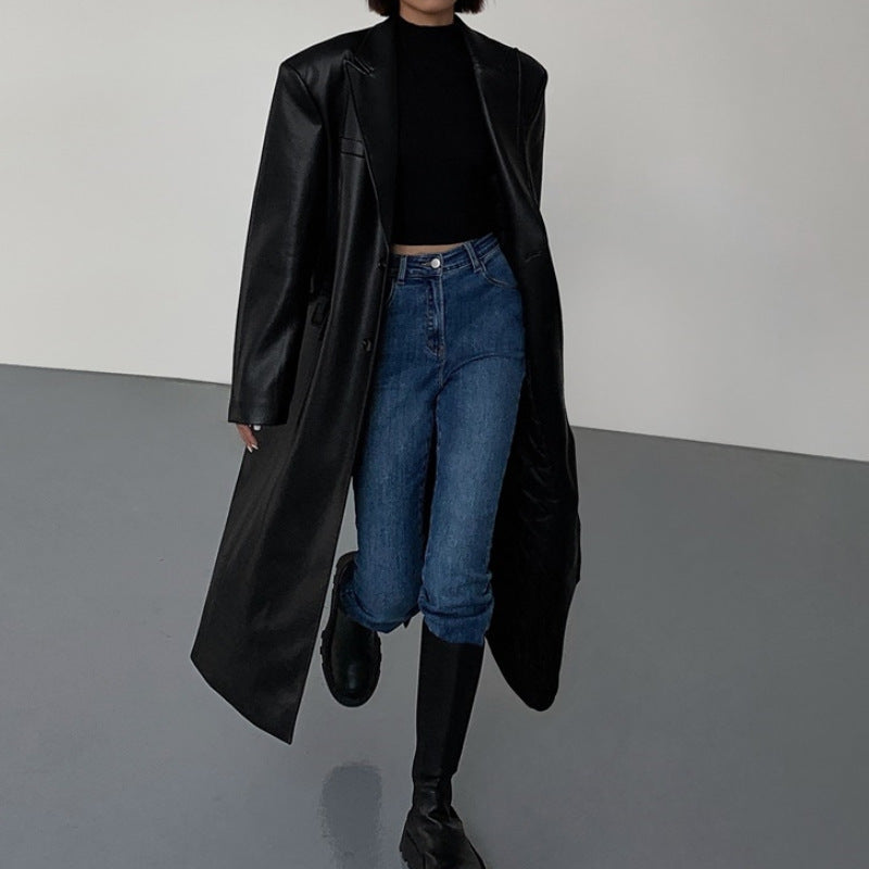 black sweater dress outfit Black Mid-Length Leather Coat for Women 2025 Spring and Autumn Fashion New Loose over-the-Knee PU Leather Suit Coat Trendy