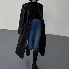 black sweater dress outfit Black Mid-Length Leather Coat for Women 2025 Spring and Autumn Fashion New Loose over-the-Knee PU Leather Suit Coat Trendy