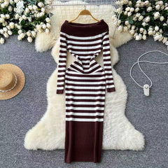 long sweater dress outfit 2025 Autumn and Winter Elegant Slim-Fit Sheath Slimming off-Shoulder Collarbone Black and White Stripe Knitted Dress 82