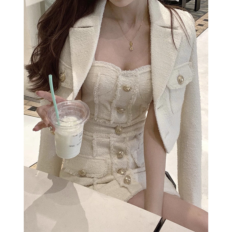 discover style ideas Autumn and Winter Heavy Industry Woven Frayed Gold Buckle Dress Short Coat for Women New