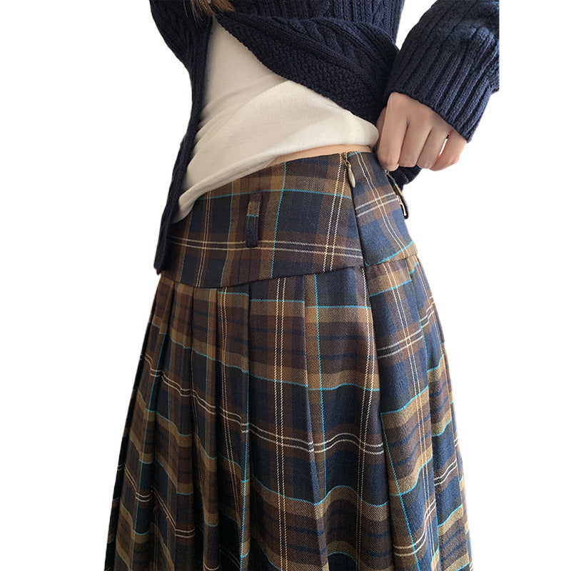 90s fashion 2024 Early Autumn Retro Preppy Style Plaid Pleated Skirt Green Plaid High Waist Mid-Length Skirt