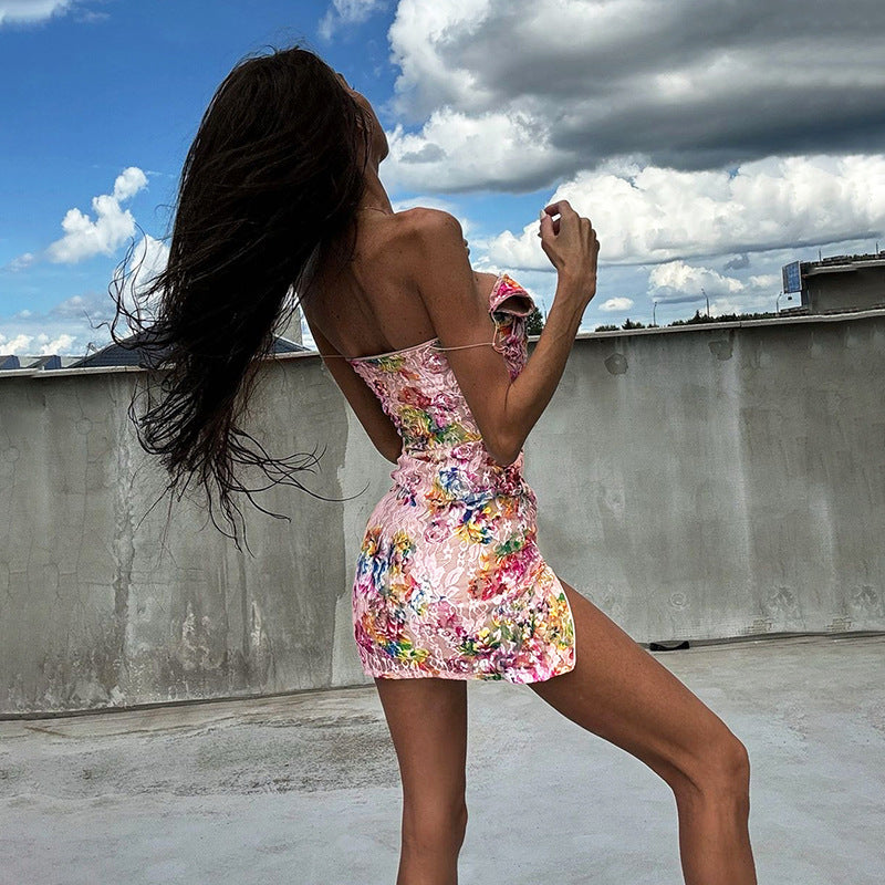 V-Neck Lace Patchwork Floral Suspender Dress