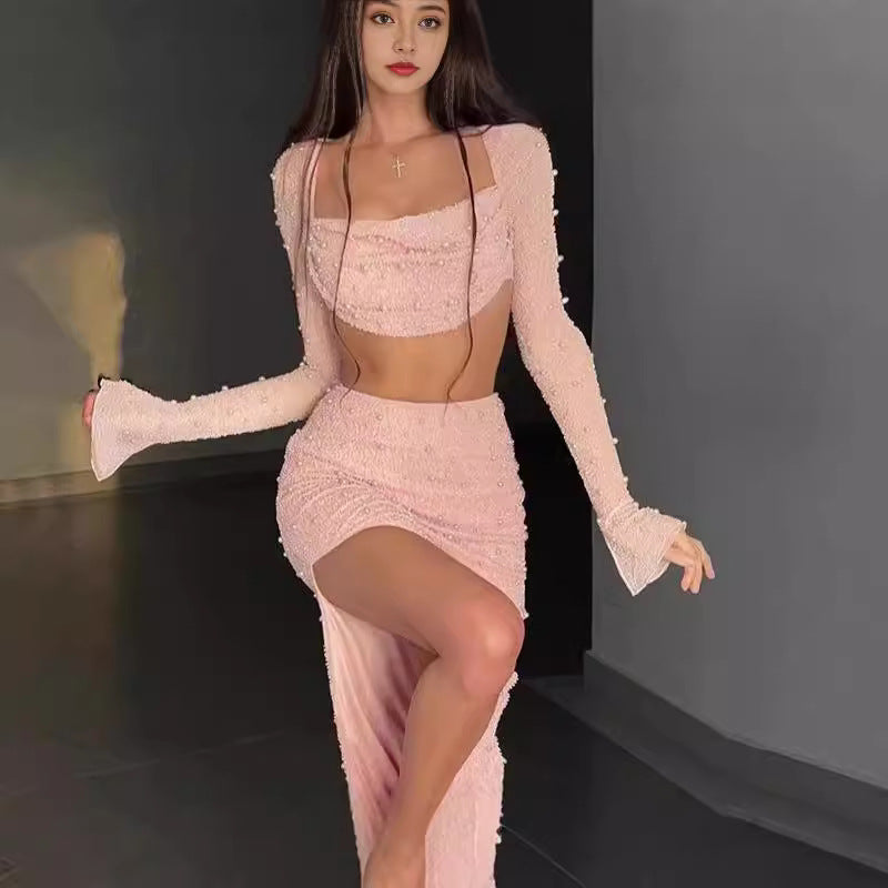Geburtstagsoutfit Fy396 Gestrickter, perlenbesetzter, quadratischer Kragen, langärmeliger Oberteilrock, Frühlings-Damen-Sexy-Nabelrock für Damen