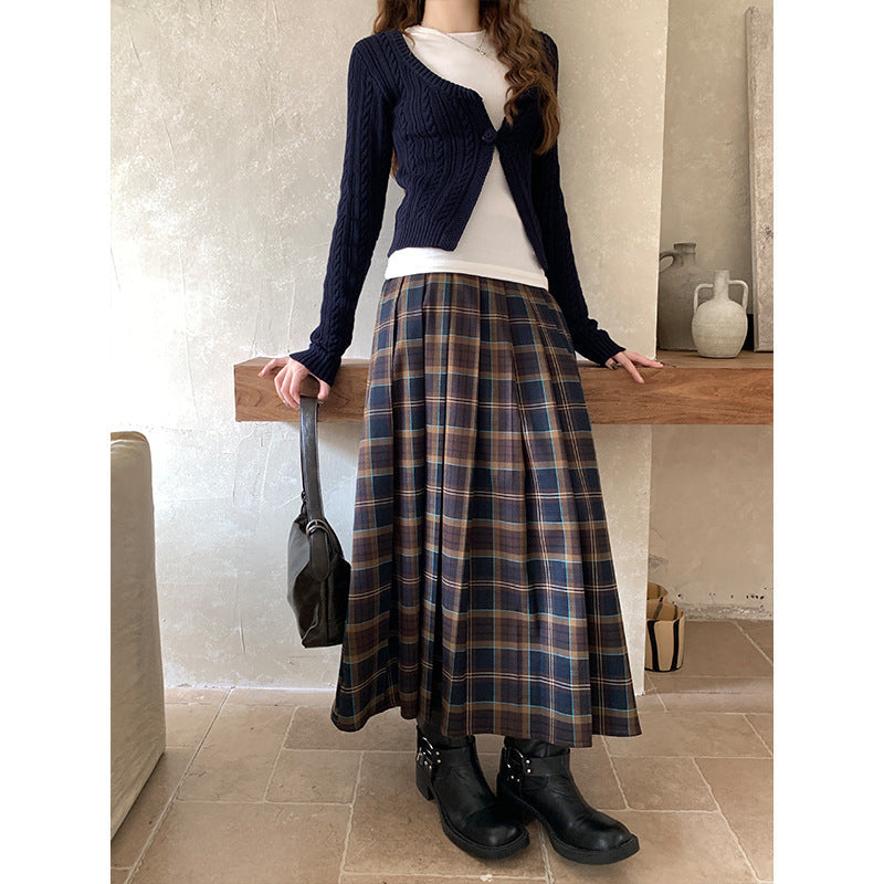 90s fashion 2024 Early Autumn Retro Preppy Style Plaid Pleated Skirt Green Plaid High Waist Mid-Length Skirt