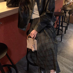 90s fashion Internet Celebrity Homemade Retro Plaid Pleated Skirt Women's Spring and Autumn New Preppy Style High Waist Slimming A- line Skirt