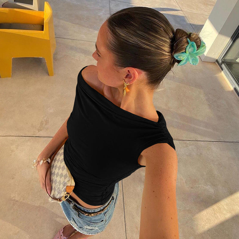 simple solid color oblique collar pleated tight  top