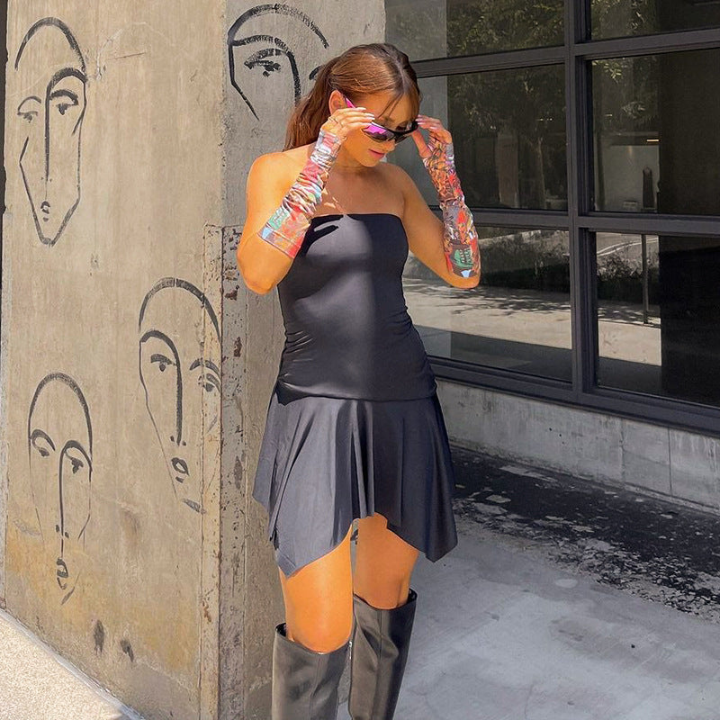 Geburtstagsoutfit J23ds058 Damenbekleidung Sommer Heiße einfarbige sexy Tube Top Rüschenkleid