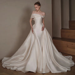 dress to impress divine being off-Shoulder Satin Fishtail Main Wedding Dress 2025 New Simple Mori Temperament Bridal Large Tail Welcome Yarn