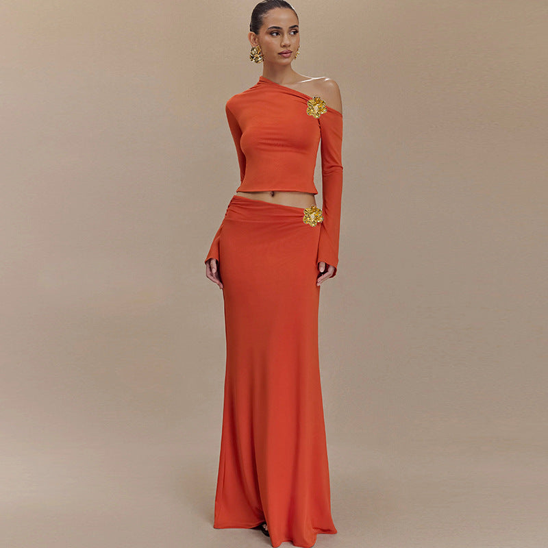 Slant Collar 3D Decoration High Waist Long Skirt Suit