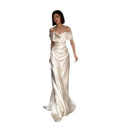 Kleiden Sie sich, um ein göttliches Wesen zu beeindrucken. Weißes, schulterfreies, leichtes Brautkleid im französischen Stil, Morgenkleid aus Satin, Brautkleid für Hochzeit, Willkommensgarn, Bankett, Abendkleid