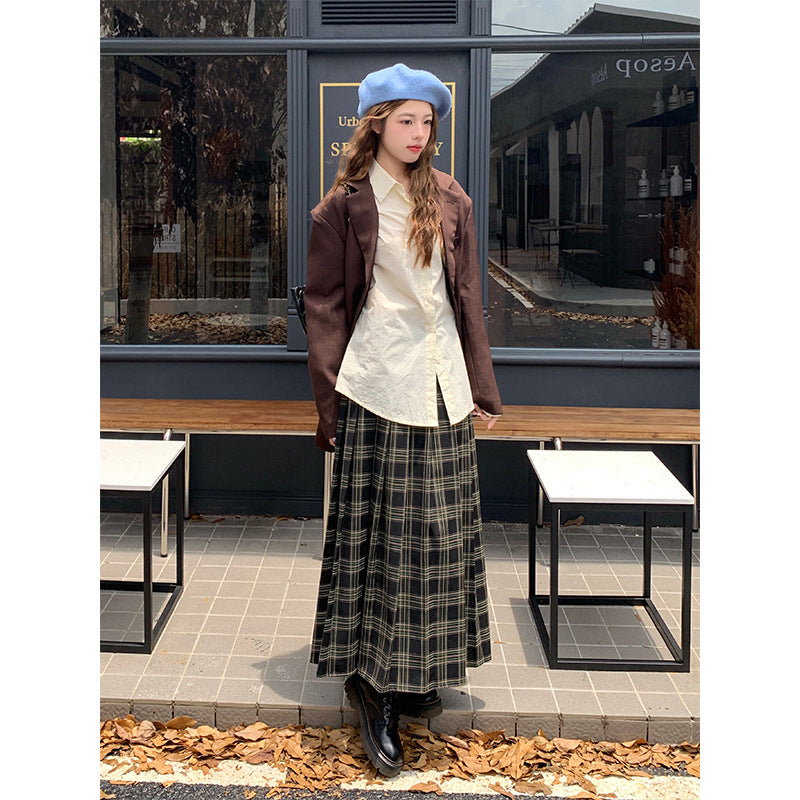 90s fashion 2024 Early Autumn Retro Preppy Style Plaid Pleated Skirt Green Plaid High Waist Mid-Length Skirt